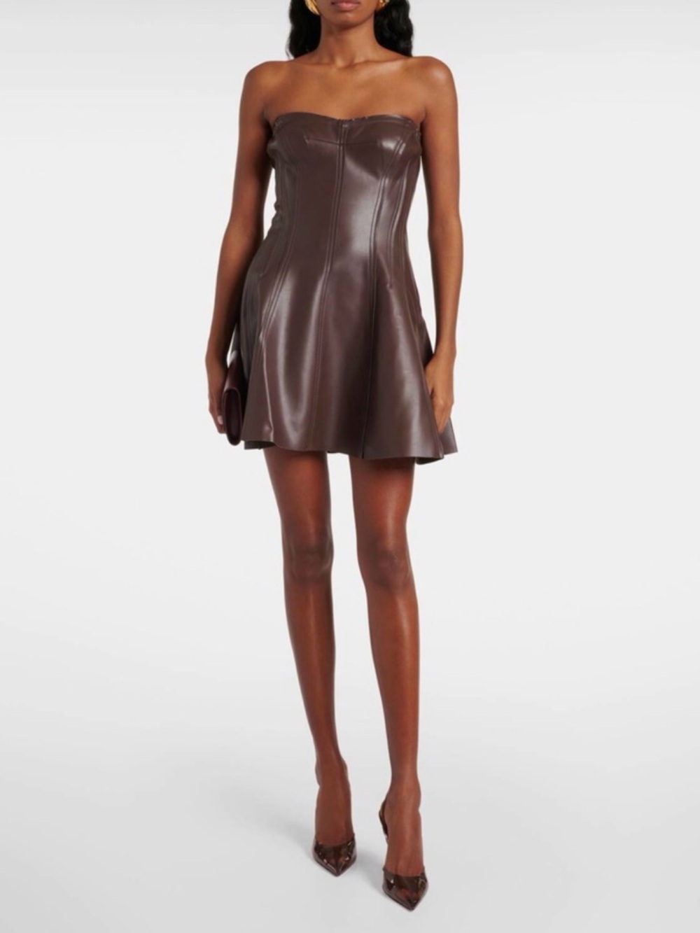 Norma Kamali Strapless Faux-Leather Mini Dress in Dark Brown